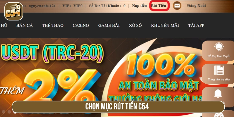 Chọn mục rút tiền trên trang chủ 