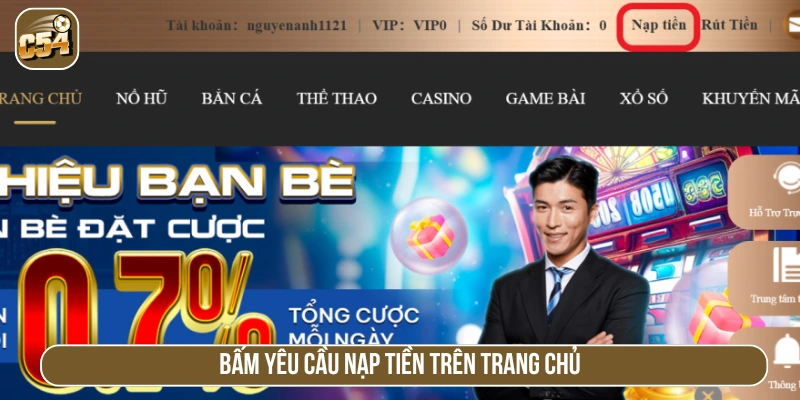 Chọn nút Nạp tiền trên trang chủ 