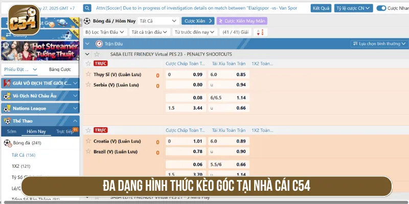 Đa dạng hình thức kèo góc tại nhà cái C54